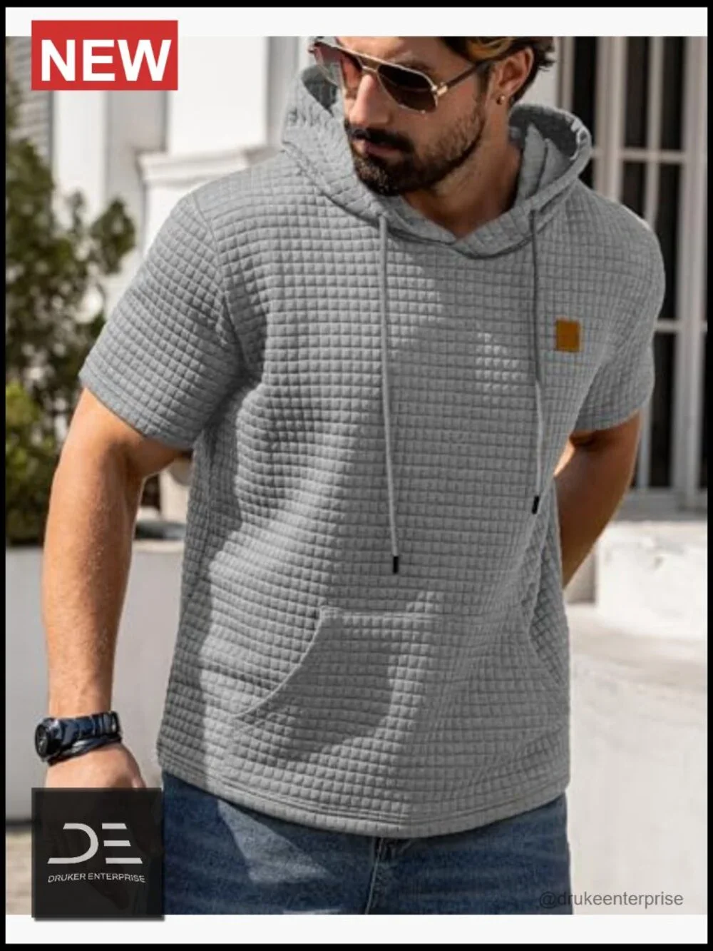 Short Sleeve Hoodie with Kanga Pocket Waffle Knit Pullover - Picture 4 of 6